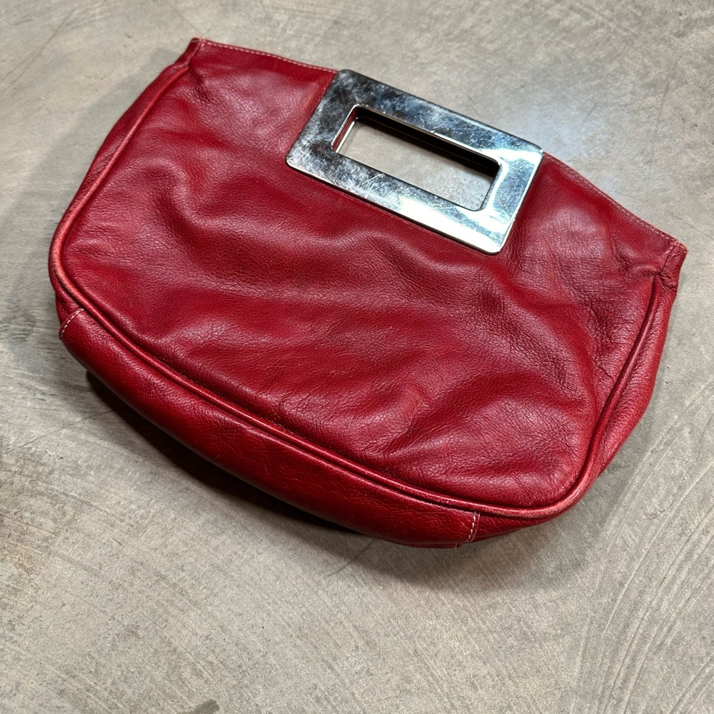 Christopher Kon Canadian Designer Red Leather Clutch with Heavy Metal Handle - Picture 6 of 13